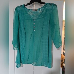 Figueroa & Flower Turquoise Blue Women's Boho Blouse Tunic Top Size 1X